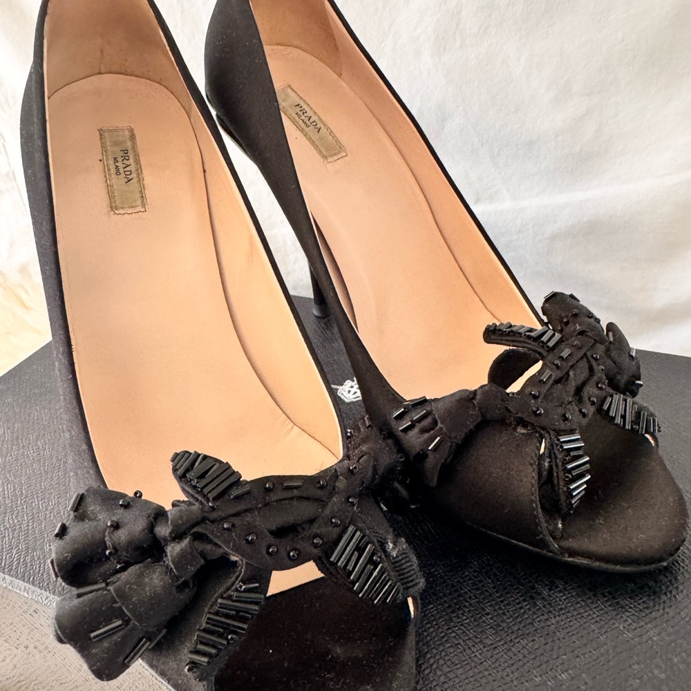 Prada Embellished Peep-Toe Satin Heels with Stiletto Flower Heel